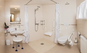 Barrierefreie sanitäre Anlagen mit Waschbecken, WC und Dusche im Freizeithaus Hotel Bayerischer Wald*** in Deutschland.