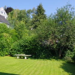 Der Garten mit Tischtennis am deutschen Freizeithaus Jugendhaus Monschau für barrierefreie Gruppenreisen.
