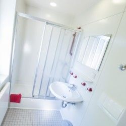 Sanitäre Anlagen mit Dusche, Fenster und Waschbecken im Freizeithaus Gästehaus Passau in Deutschland.