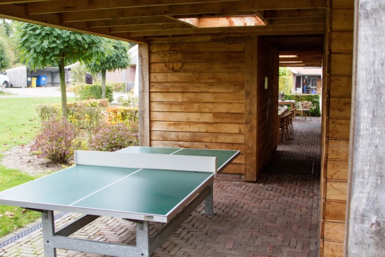 Tischtennisplatte auf überdachter Terasse im niederländischem Gruppenhaus mit Behinderte Handicaphaus Het Keampke Beuk